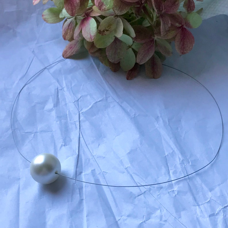 Simple pearl necklace. Large floating pearl. Pearl on invisible thread. Single pearl choker. Faux 14 mm floating pearl choker. Gift for her image 2