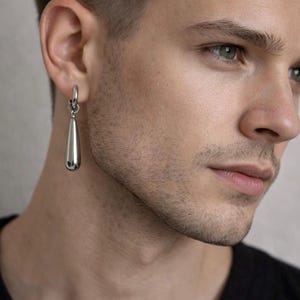 Silver Tone Drop Huggie Earrings, Interchangeable Dangle Men's Jewelry