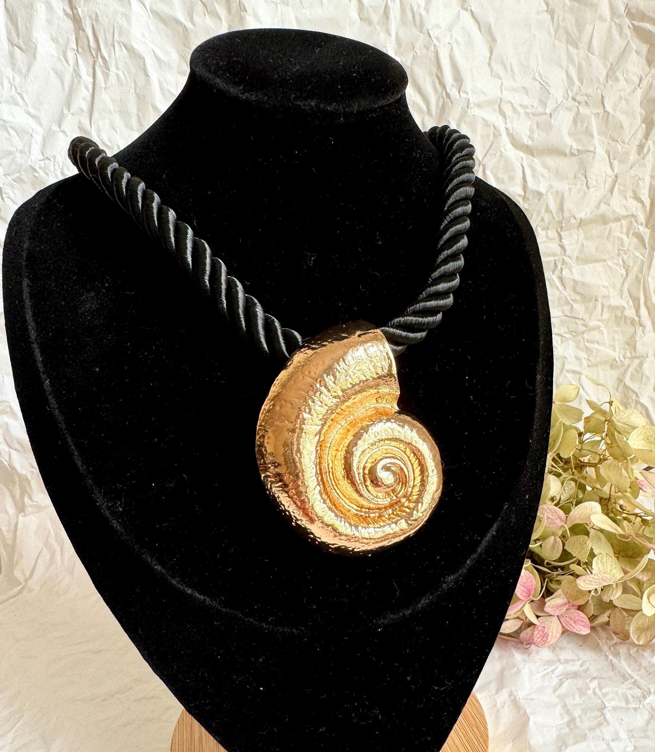 Conch Rope Gold Conch Pendant Necklace, Black Rope Cord Nautilus Necklace, Beach ...