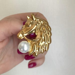 Gold Horse Brooch with Pearl: Equestrian Statement Pin