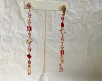 Dangle pink earrings. Pink rhinestone studs. Red crystal earrings. Long 4” gold plated earrings. Pink studs. Ready to gift earrings