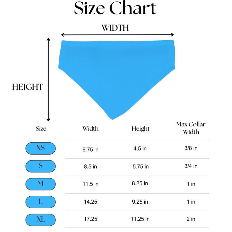 The image is a size chart that provides measurements for different waist sizes, including XS, S, M, L, and XL. The chart includes a diagram of a blue object, likely a waistband, and the corresponding widths and heights for each size.