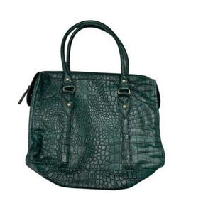 May include: A dark green handbag with a crocodile skin texture. The bag has two rounded handles and gold-coloured hardware. The bag has a rectangular shape with a zip closure on the side.