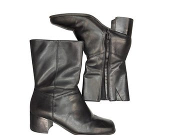 Easy Spirit Glorielas mid-calf Black Leather Boots Square Toe Block Heel 5.5M