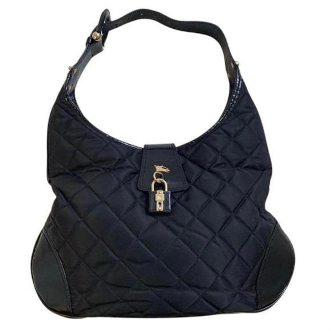 Burberry Prorsum Black Quilted Nylon Hobo Shoulder Bag Gold 