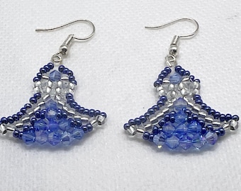 Blue Crystal Fan Earrings: Silver Seed Bead Angel Design