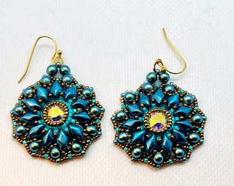 Blue pearl and crystal earrings, Flower earrings, Starburst earrings, Peacock earrings