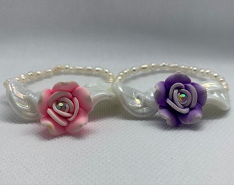 Flower Girl Pearl Bracelet, Polymer Clay Rose, Crystal Accent