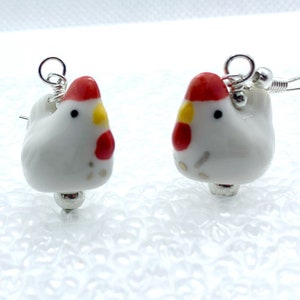 Chicken earrings, Hen earrings, Ceramic white chicken earrings, poultry earrings, farm animal earrings
