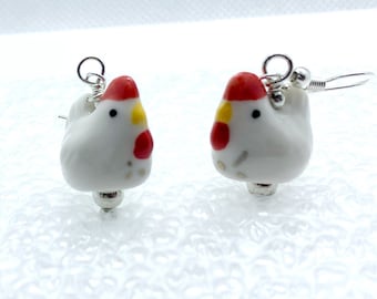 Chicken earrings, Hen earrings, Ceramic white chicken earrings, poultry earrings, farm animal earrings