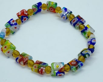 Square Floral Glass Bead Stretch Bracelet, Colorful Design