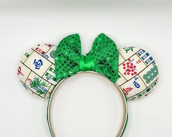 Mahjong Mouse Ears Headband, Whimsical Satin Green Bow