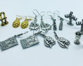 Shabbat earrings, Challah earrings, Kiddush cup earrings, candlestick earrings, challah cover, Shabbat table, Havdalah candle