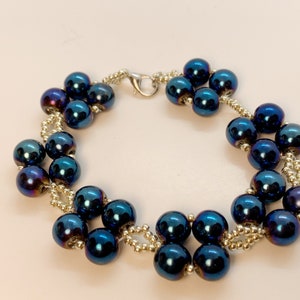 Blue Pearl bracelet, Sapphire blue and silver beaded bracelet, Elegant handcrafted bracelet
