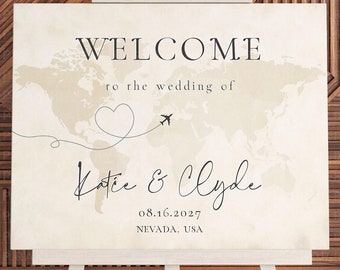 Wedding Welcome Map, Minimalist Travel Theme Large Welcome Signs Template, Custom Portrait & Landscape Destination Wedding Signs Canva DIY