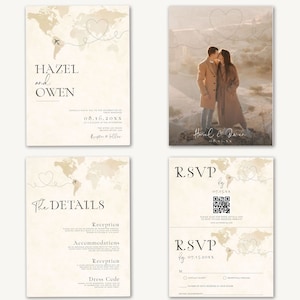 Travel Themed Wedding Invite Card Templates, Custom Photos Destination Invitation, Details, & RSVP Canva DIY Instant Download Printable