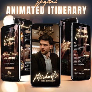 Itinerario digital de Las Vegas, viaje de cumpleaños de fin de semana para hombres fotos personalizadas, plantilla de móvil de fiesta CANVA