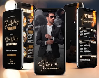 Pode incluir: Um convite digital para um fim de semana de aniversário em Las Vegas. O convite apresenta um esquema de cores preto e dourado com uma foto de um homem de terno. O texto do convite diz: "Por favor, junte-se a nós para um fim de semana de aniversário em homenagem a Steve Miller 30º aniversário 15 de março - 18 de março Las Vegas, NV".