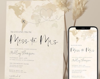 Vintage World Map Bridal Shower Invitation, Travel Theme (Digital Download)
