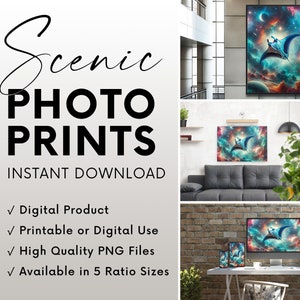 Swimming Manta Ray Through Cosmic Universe Wall Art Poster Instant Digital Download, Galactic Photography Sea Creature High Quality PNGs