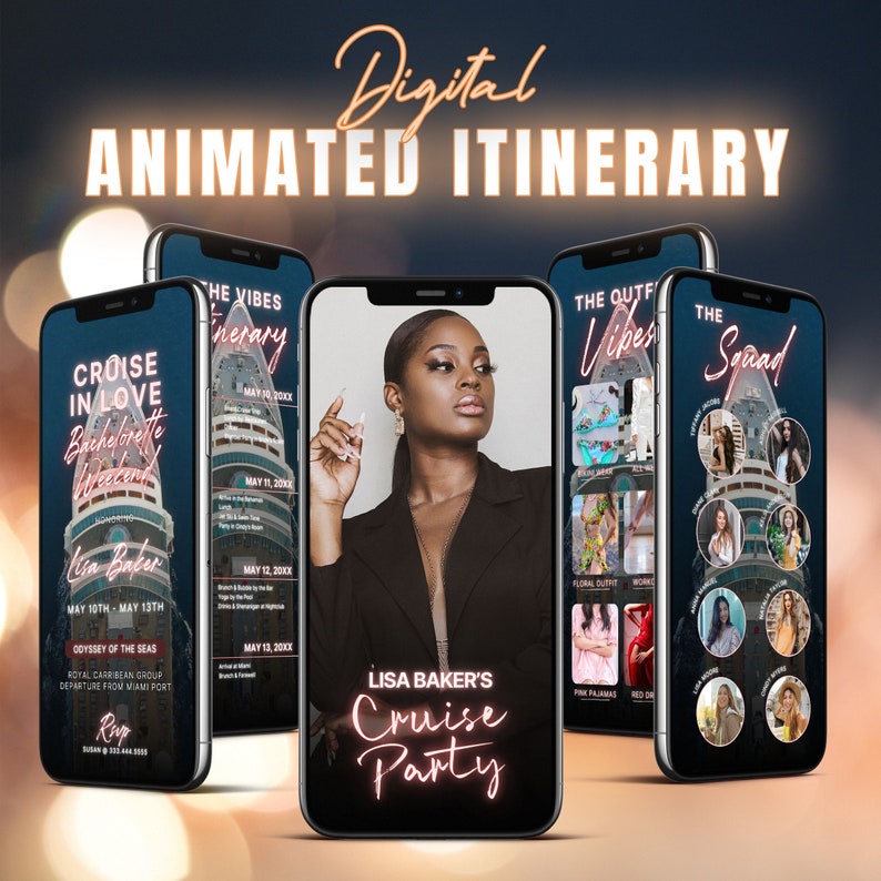 Digital Cruise Itinerary, Custom Photos Bachelorette Party Evite for Girls, Cruise Ship Weekend Trip Mobile Itinerary, CANVA DIY Download, 5 SLIDES NeonTravel Planner Animation Video Invite + Schedule