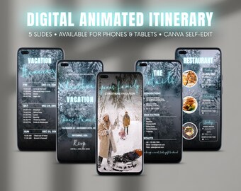 May include: Five digital slides for a Christmas family vacation itinerary. The slides include a vacation itinerary, a Christmas vacation invitation, a details slide, a restaurant menu, and a RSVP slide. The slides are designed in a winter theme with a snowy forest background.