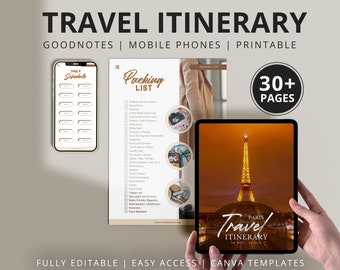 Paris Travel Itinerary Template, Editable Digital Planner (Canva)