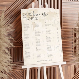 Thema Travel Sitzplan, Benutzerdefinierte Gastnamen Alphabetische Hochzeit Sitzplan Vorlage mit Weltkarte Thema Tischnummern Canva Download
