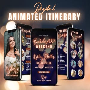 New York Christmas Itinerary, Girls Bachelorette Party NYC Vacation Weekend Animated Bokeh Photo Invite Timeline The Squad Canva Digital DIY