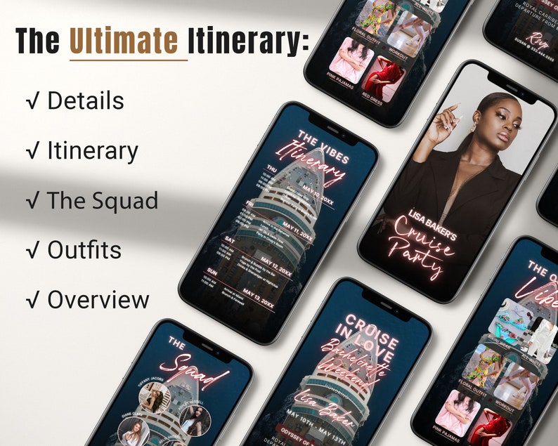 Digital Cruise Itinerary, Custom Photos Bachelorette Party Evite for Girls, Cruise Ship Weekend Trip Mobile Itinerary, CANVA DIY Download, 5 SLIDES NeonTravel Planner Animation Video Invite + Schedule