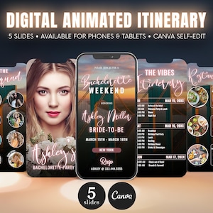 New York Travel Itinerary, NYC Bridge Animation Invitation for Girls Trip Weekend Trip Schedule Timeline Editable Canva DIY Digital Template