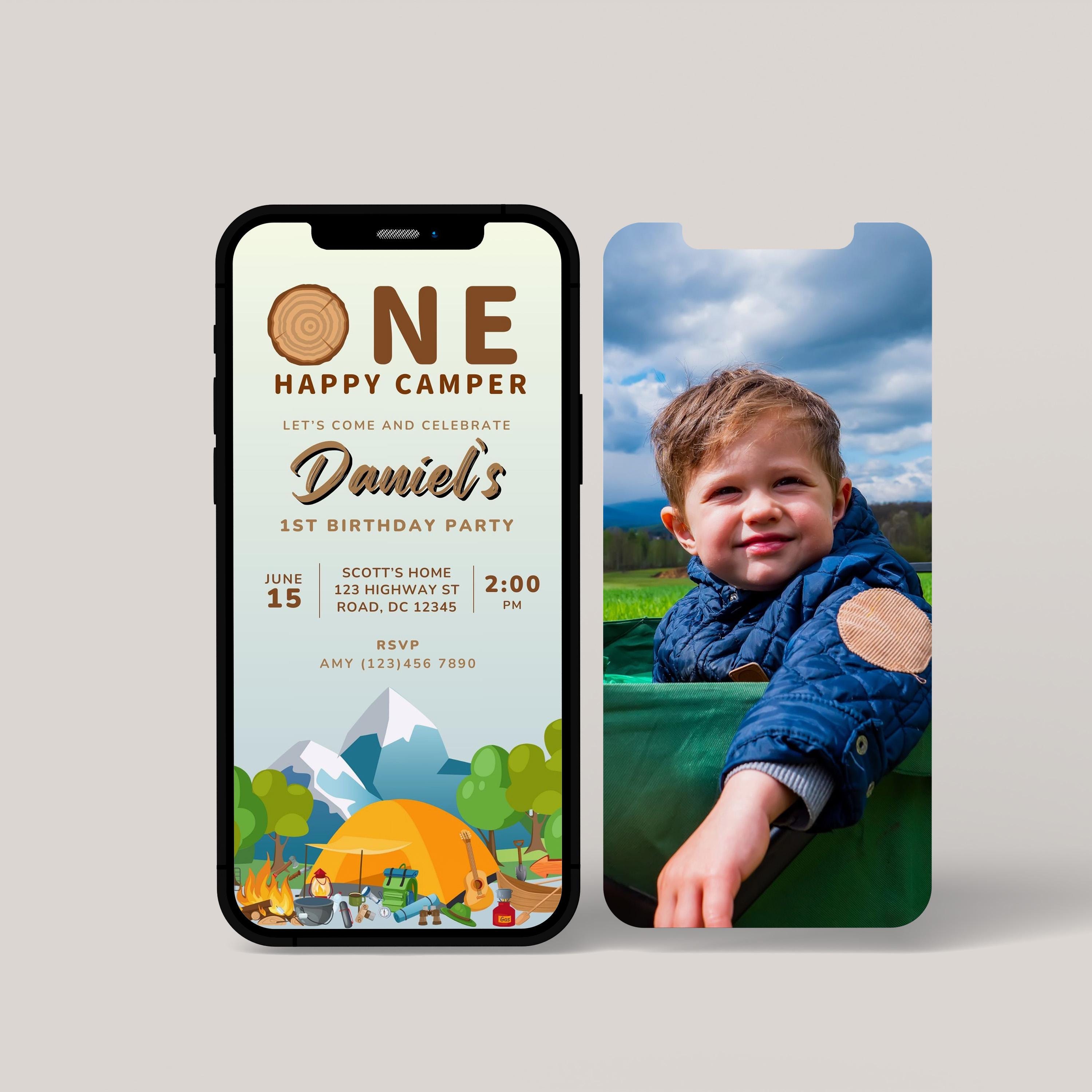Camping Birthday Invitation Animate, 1st Bday Party Camping Invite Card Printable and Mobile Templates, Custom Photo Canva Invite Download