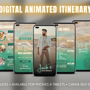 Mens Birthday Itinerary, Animated Tropical Birthday Party Weekend Vacation Trip for Men, Editable Photo Itinerary iPhone iPad CANVA Download