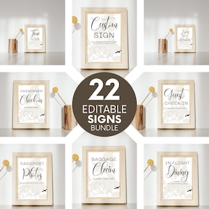 Travel Themed Table Signs, Editable Heart Direction Plane Bridal Shower or Wedding Signs World Map Destination Signage Bundle Canva Download