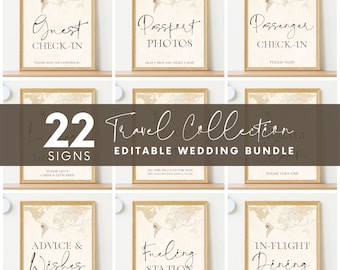 Travel Theme Sign Bundle, Editable Wedding Reception Signs Canva Template with World Map Design, Custom Printable Signage Digital Download