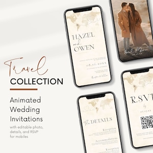Invitación de boda digital animada con diseño de pasaporte, estilo mapamundi, video de invitación animado, foto editable con código QR