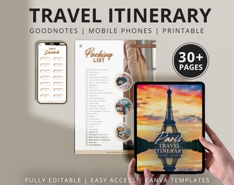 Paris Travel Itinerary, Editable Digital Planner, DIY Canva Template (Digital Download)