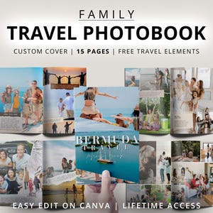 Travel Photo Book Template, Family Home Vacation Trip Memory Pictures Album, Editable 15 Pages Printable or Digital Photobook Canva Download