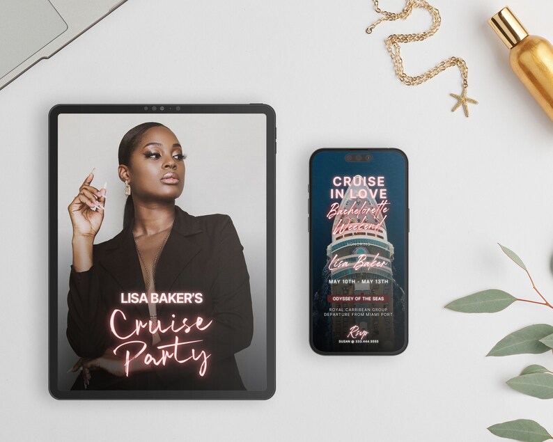Digital Cruise Itinerary, Custom Photos Bachelorette Party Evite for Girls, Cruise Ship Weekend Trip Mobile Itinerary, CANVA DIY Download, 5 SLIDES NeonTravel Planner Animation Video Invite + Schedule