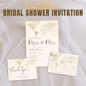 Bridal Shower Invitation Traveling Miss to Mrs, Editable Printable and Mobile Invite with Recipe and Thank You Card Template World Map Theme