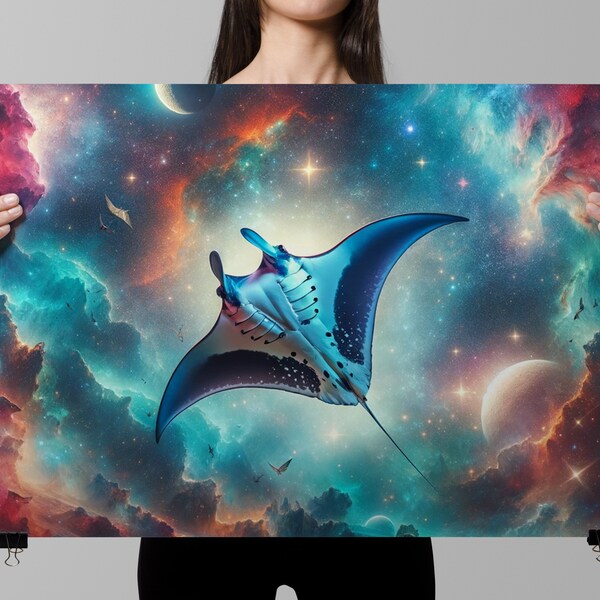 Swimming Manta Ray Through Cosmic Universe Wall Art Poster Instant Digital Download, Galactic Photography Sea Creature High Quality PNGs