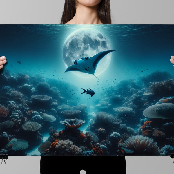 Giant Manta Rays Art Poster Printable | Coral Reefs Under Moonlight Photography Instant Digital Download, Oceanic High Quality Wall Art PNGs