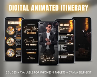May include: A digital animated itinerary for a birthday weekend in Las Vegas. The itinerary includes a restaurant guide, a birthday weekend schedule, and a man in a suit. The background is black with gold accents.