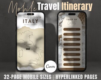 Può includere: Un mockup di uno schermo di telefono cellulare che mostra un itinerario di viaggio per l'Italia. Lo schermo è diviso in due sezioni. La sezione sinistra mostra una mappa dell'Italia con la città di Roma evidenziata. La sezione destra mostra un sommario con titoli per la panoramica del viaggio, il volo e l'hotel, l'orario giornaliero, i dettagli del tour, le attrazioni, i ristoranti, l'abbigliamento e la lista di imballaggio.