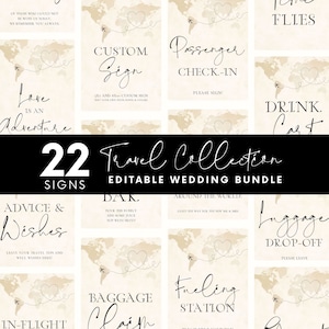 Plantilla de signos de tema de viaje, paquete de señalización de destino de boda personalizado, diseño de mapa mundial plantillas de signos