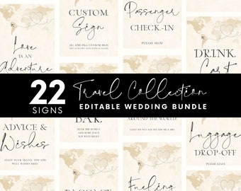 Travel Theme Wedding Sign Templates, World Map Canva Bundle (Digital Download)
