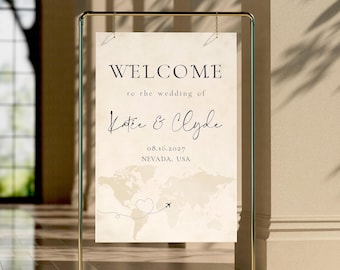 Travel Theme Wedding Welcome Sign, Editable World Map Themed Welcome Poster Signage Template, Portrait & Landscape 2 Size Canva DIY Download