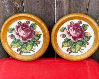 Vintage Pair Framed Petit Point Floral Roses 1980s