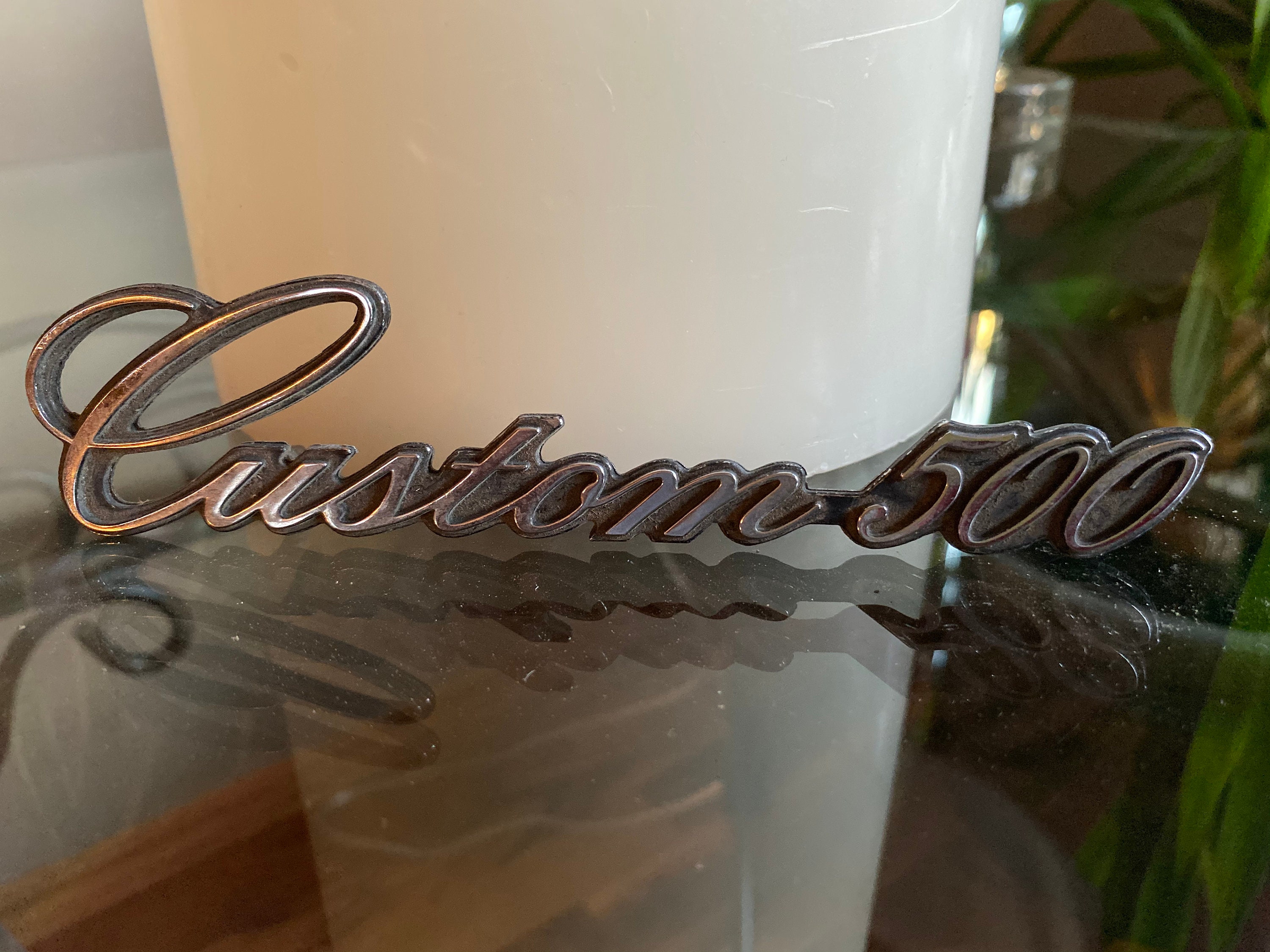 Vintage Chrome “Custom 500” Ford 1974 OEM Emblem, D4AB-5350400 AA