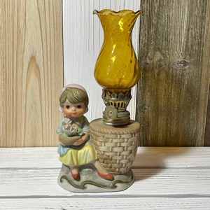 Vintage Ceramic Girl With Mini Hurricane Oil Lamp And Amber Colored Glass 1960s, 1960s Decor